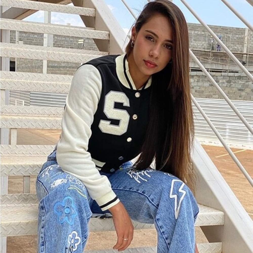 Black and Cream Varsity Jacket with S Patch